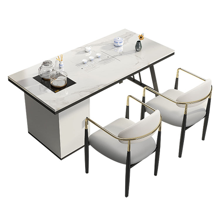 Metal Double Pedestal Table Modern Stone Top Rectangle Counter Dining Table White 70.9"L x 31.5"W x 29.5"H Without Chairs Clearhalo 'Dining Tables & Seating' 'Dining Tables' 'dining_table' 'furn' 'furn_dining_table' 'Furniture' 'furniture_dining_table' 'Kitchen & Dining Furniture' 'kitchen' 'kitchen_dining_table' 5004243