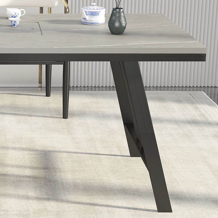 Metal Double Pedestal Table Modern Stone Top Rectangle Counter Dining Table Clearhalo 'Dining Tables & Seating' 'Dining Tables' 'dining_table' 'furn' 'furn_dining_table' 'Furniture' 'furniture_dining_table' 'Kitchen & Dining Furniture' 'kitchen' 'kitchen_dining_table' 5004247