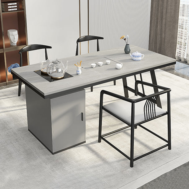 Metal Double Pedestal Table Modern Stone Top Rectangle Counter Dining Table Clearhalo 'Dining Tables & Seating' 'Dining Tables' 'dining_table' 'furn' 'furn_dining_table' 'Furniture' 'furniture_dining_table' 'Kitchen & Dining Furniture' 'kitchen' 'kitchen_dining_table' 5004249