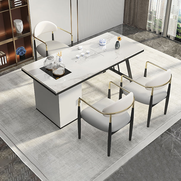 Metal Double Pedestal Table Modern Stone Top Rectangle Counter Dining Table Clearhalo 'Dining Tables & Seating' 'Dining Tables' 'dining_table' 'furn' 'furn_dining_table' 'Furniture' 'furniture_dining_table' 'Kitchen & Dining Furniture' 'kitchen' 'kitchen_dining_table' 5004250