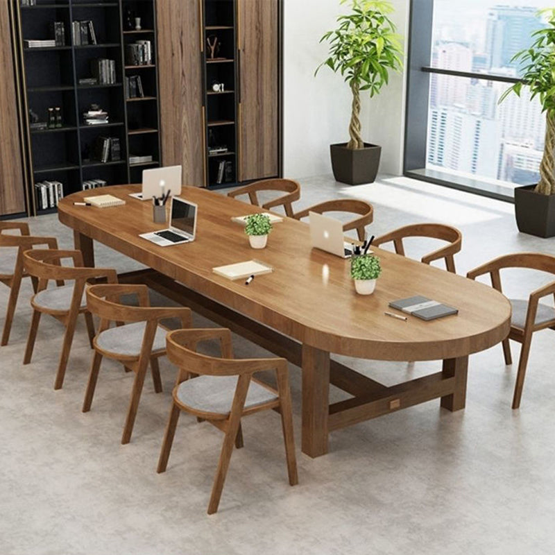 Contemporary Oval Solid Wood Table Standard Height Dining Table with Trestle Base 63"L x 27.6"W x 29.5"H Without Chairs Clearhalo 'Dining Tables & Seating' 'Dining Tables' 'dining_table' 'furn' 'furn_dining_table' 'Furniture' 'furniture_dining_table' 'Kitchen & Dining Furniture' 'kitchen' 'kitchen_dining_table' 5004377
