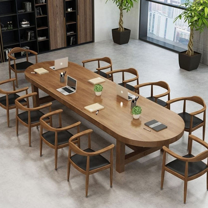 Contemporary Oval Solid Wood Table Standard Height Dining Table with Trestle Base 86.6"L x 35.4"W x 29.5"H Without Chairs Clearhalo 'Dining Tables & Seating' 'Dining Tables' 'dining_table' 'furn' 'furn_dining_table' 'Furniture' 'furniture_dining_table' 'Kitchen & Dining Furniture' 'kitchen' 'kitchen_dining_table' 5004379