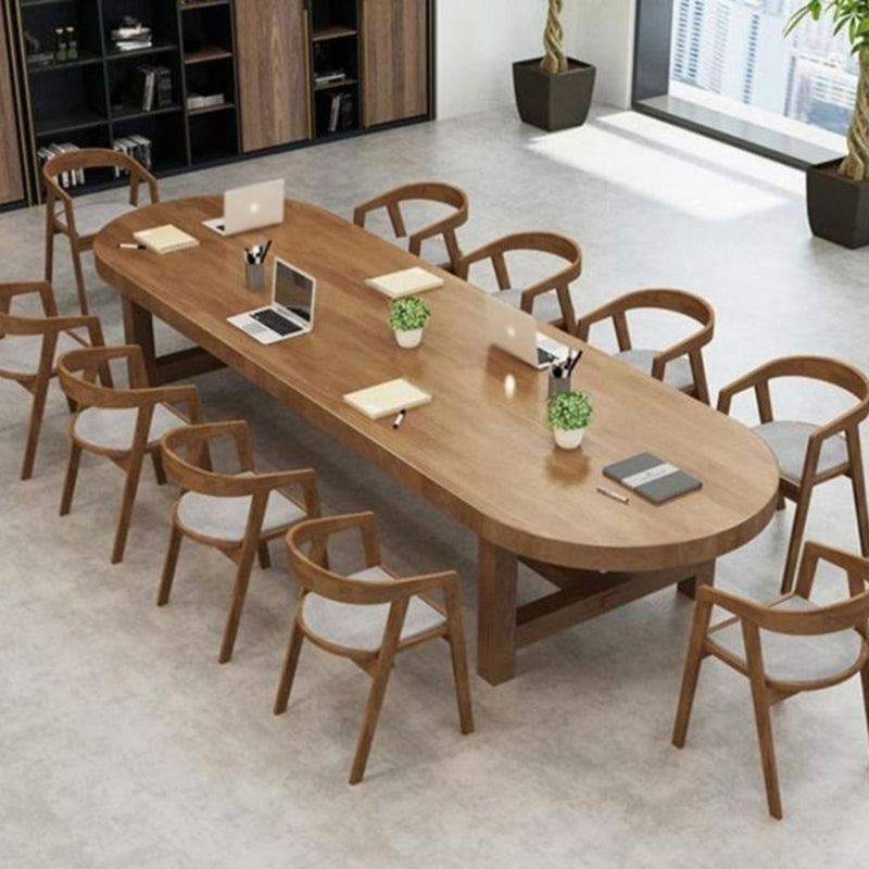 Contemporary Oval Solid Wood Table Standard Height Dining Table with Trestle Base 94.5"L x 35.4"W x 29.5"H Without Chairs Clearhalo 'Dining Tables & Seating' 'Dining Tables' 'dining_table' 'furn' 'furn_dining_table' 'Furniture' 'furniture_dining_table' 'Kitchen & Dining Furniture' 'kitchen' 'kitchen_dining_table' 5004380