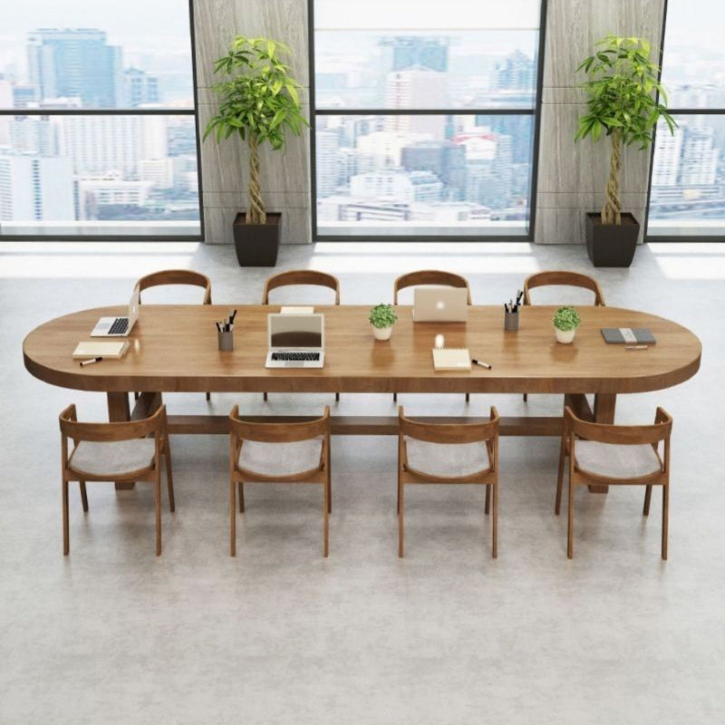 Contemporary Oval Solid Wood Table Standard Height Dining Table with Trestle Base Clearhalo 'Dining Tables & Seating' 'Dining Tables' 'dining_table' 'furn' 'furn_dining_table' 'Furniture' 'furniture_dining_table' 'Kitchen & Dining Furniture' 'kitchen' 'kitchen_dining_table' 5004388