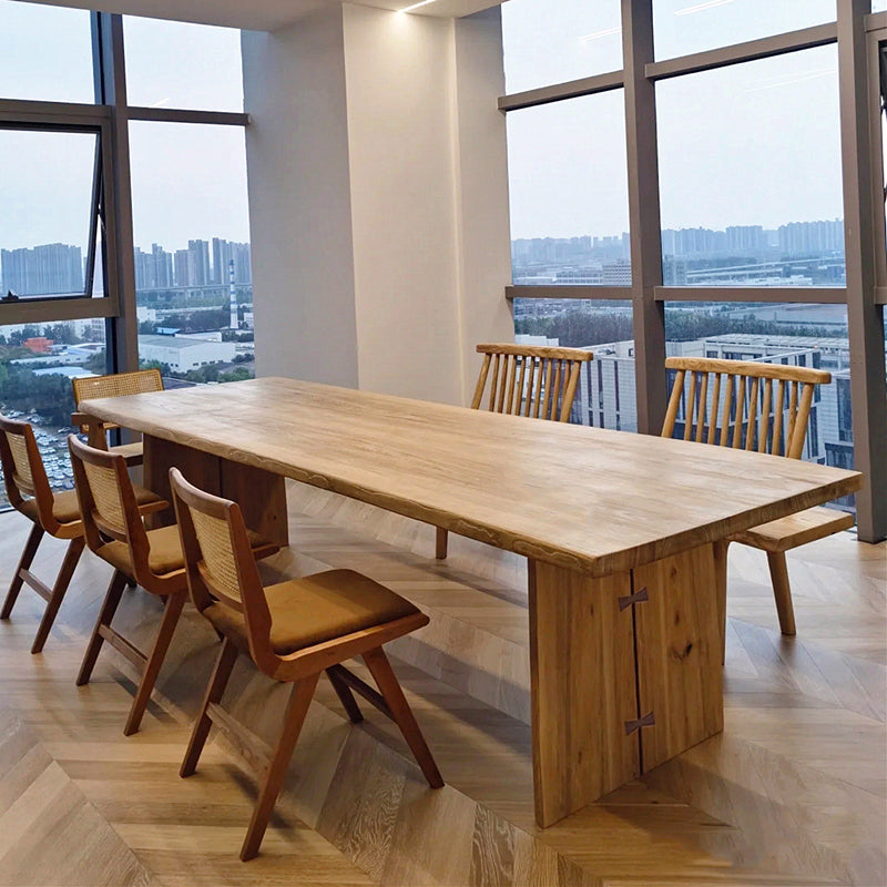 Modern Ash Wood Table for Restaurant Rectangle Kitchen Table with Double Pedestal 86.6"L x 31.5"W x 29.5"H Without Chairs Clearhalo 'Dining Tables & Seating' 'Dining Tables' 'dining_table' 'furn' 'furn_dining_table' 'Furniture' 'furniture_dining_table' 'Kitchen & Dining Furniture' 'kitchen' 'kitchen_dining_table' 5004421