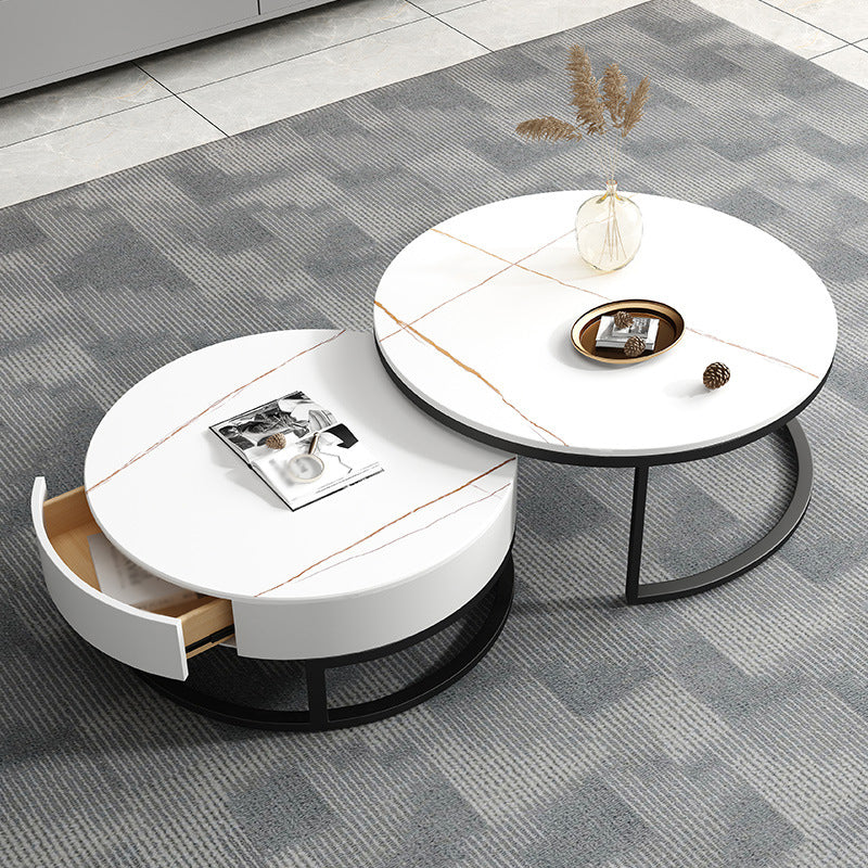 Modern Style Round Black and White Slate Top Nesting Coffee Table 31.5"L x 31.5"W x 18"H + 23.5"L x 23.5"W x 15.5"H White Drawers Included Clearhalo 'Coffee & Accent Tables' 'Coffee Tables' 'coffee_tables' 'furn' 'furn_coffee_tables' 'Furniture' 'Living Room Furniture' 5006432_a6b26194-8e7e-4493-b63a-5e8bc97de605