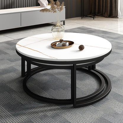 Modern Style Round Black and White Rock Slab Top Coffee Table 18"H x 31.5"L x 31.5"W + 15.5"H x 23.5"L x 23.5"W White Drawers Not Included Clearhalo 'Coffee & Accent Tables' 'Coffee Tables' 'coffee_tables' 'Furniture' 'furniture_coffee_tables' 'Living Room Furniture' 5006434