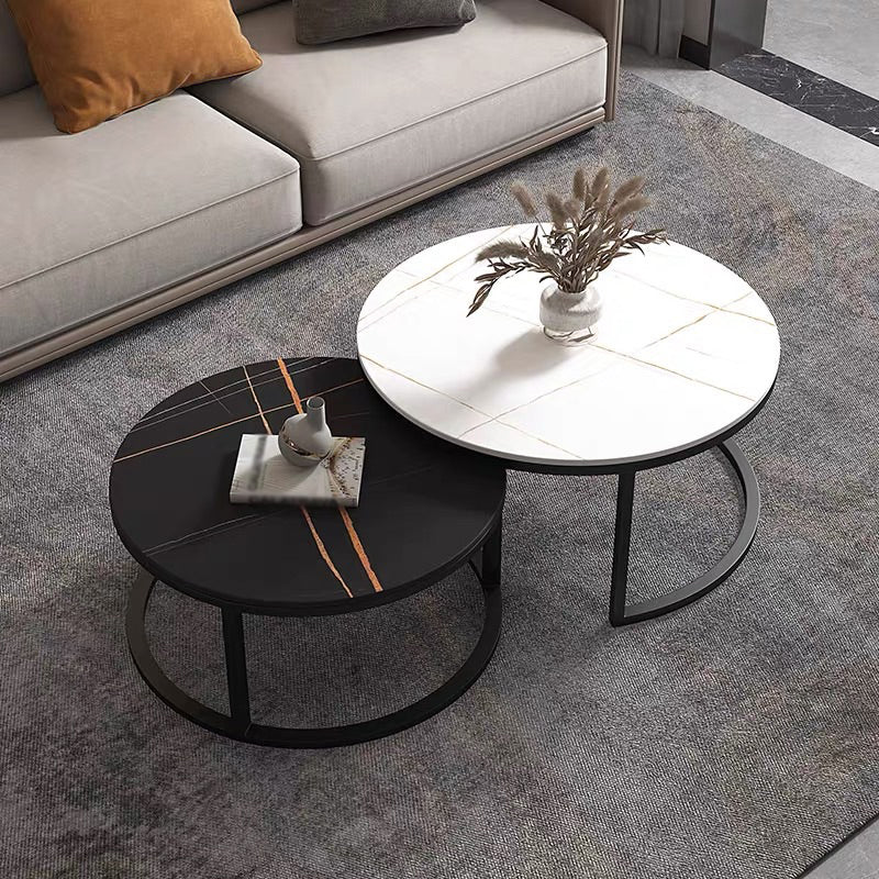 Modern Style Round Black and White Rock Slab Top Coffee Table 18"H x 31.5"L x 31.5"W + 15.5"H x 23.5"L x 23.5"W White Gold Drawers Not Included Clearhalo 'Coffee & Accent Tables' 'Coffee Tables' 'coffee_tables' 'Furniture' 'furniture_coffee_tables' 'Living Room Furniture' 5006435