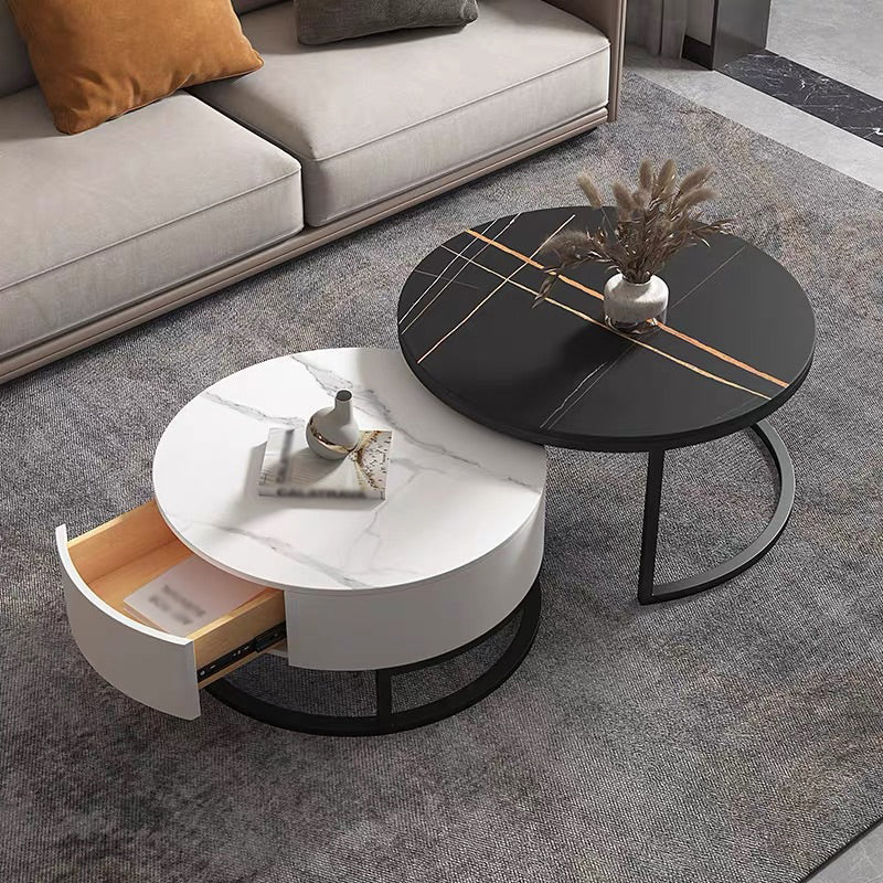 Modern Style Round Black and White Rock Slab Top Coffee Table 18"H x 31.5"L x 31.5"W + 15.5"H x 23.5"L x 23.5"W Black Gold Drawers Included Clearhalo 'Coffee & Accent Tables' 'Coffee Tables' 'coffee_tables' 'Furniture' 'furniture_coffee_tables' 'Living Room Furniture' 5006436