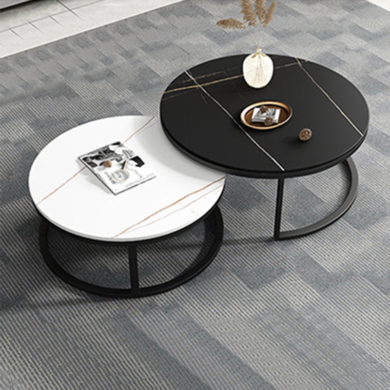 Modern Style Round Black and White Slate Top Nesting Coffee Table 31.5"L x 31.5"W x 18"H + 23.5"L x 23.5"W x 15.5"H Black Gold Drawers Not Included Clearhalo 'Coffee & Accent Tables' 'Coffee Tables' 'coffee_tables' 'furn' 'furn_coffee_tables' 'Furniture' 'Living Room Furniture' 5006444_9787b3d4-ee79-451c-962a-372e0733f473