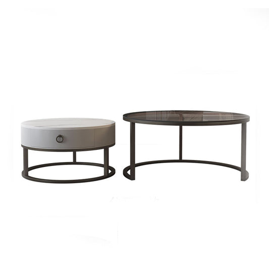 Round Brown Glass Coffee Table with Drawers Frame 2 Nesting Cocktail Table Clearhalo 'Coffee & Accent Tables' 'Coffee Tables' 'coffee_tables' 'furn' 'furn_coffee_tables' 'Furniture' 'furniture_coffee_tables' 'Living Room Furniture' 5006588