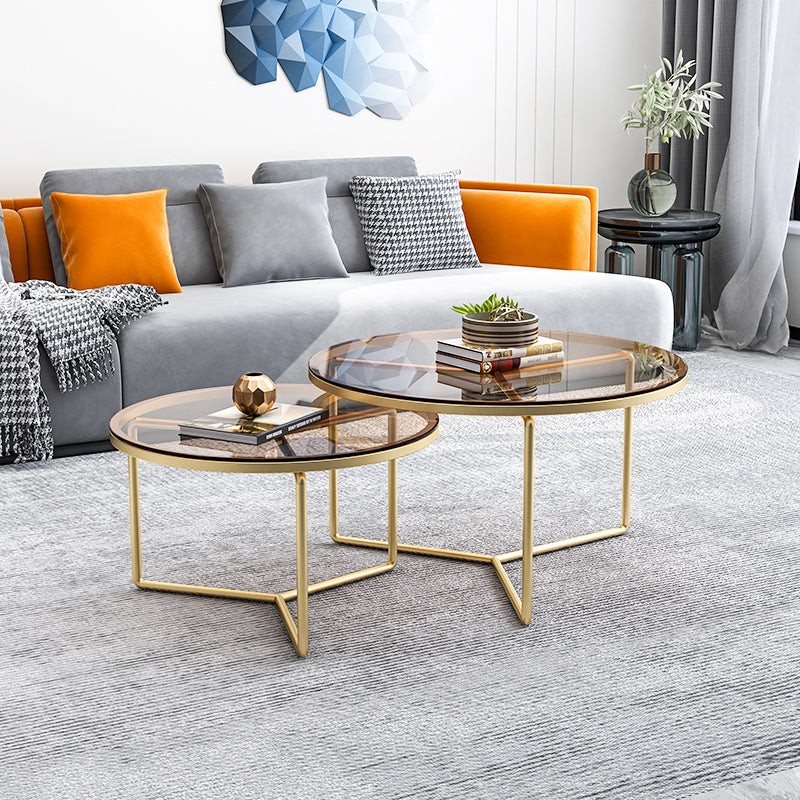 Pedestal Base Iron Coffee Table Included Round 2 Nesting Cocktail Table in Clear Gold Brown Clearhalo 'Coffee & Accent Tables' 'Coffee Tables' 'coffee_tables' 'furn' 'furn_coffee_tables' 'Furniture' 'furniture_coffee_tables' 'Living Room Furniture' 5006726