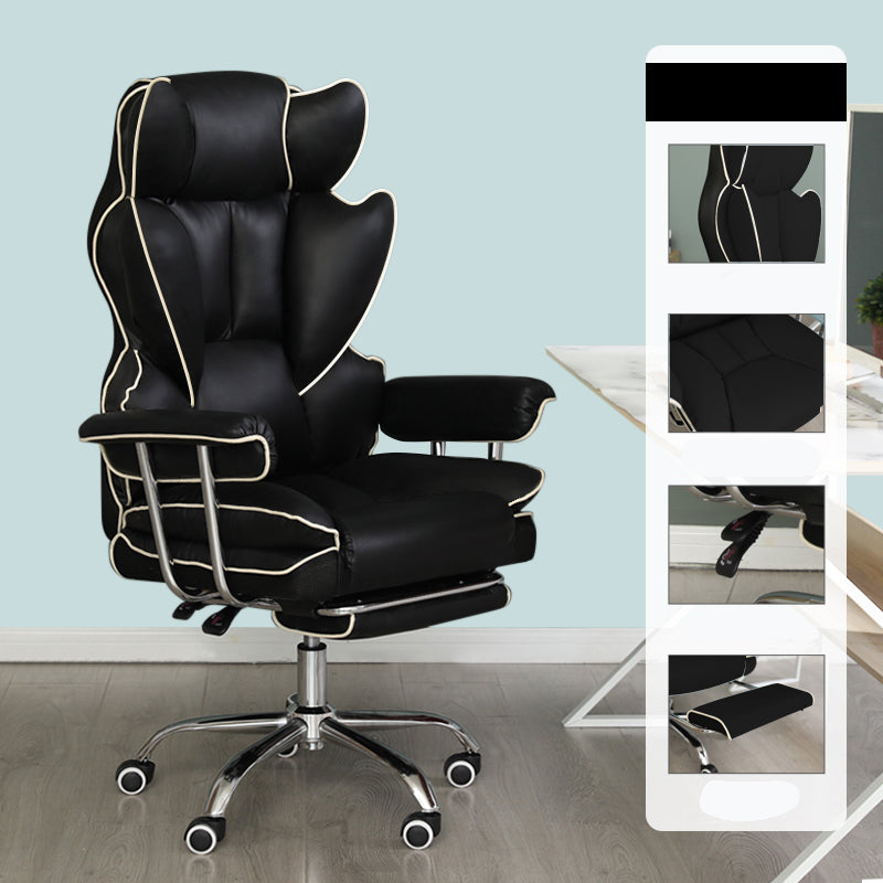 Silver Metal Modern Desk Chair with High Back and Leather Conference Chair Black With Footrest Clearhalo 'furn' 'furn_office_chair' 'Furniture' 'furniture_office_chair' 'Office Chairs' 'Office Furniture' 'office_chair' 5010322