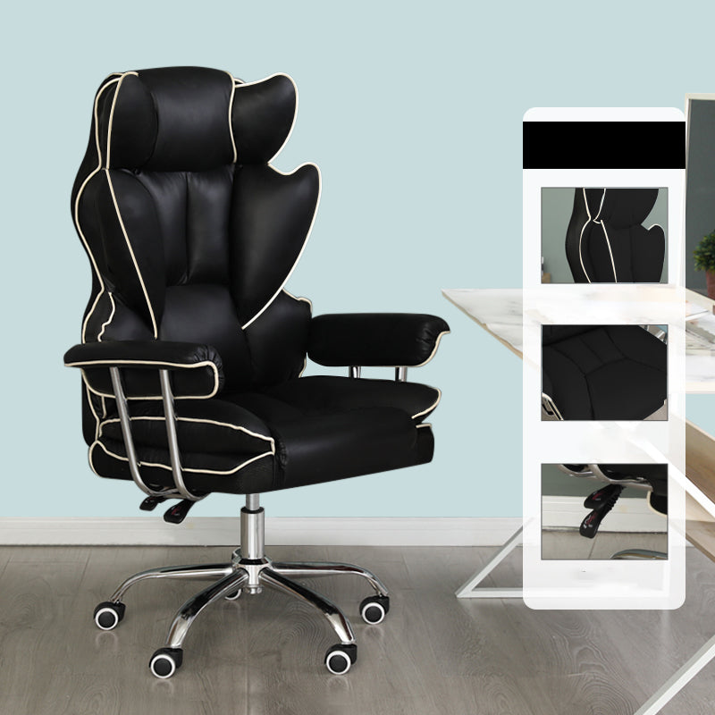 Silver Metal Modern Desk Chair with High Back and Leather Conference Chair Black Without Footrest Clearhalo 'furn' 'furn_office_chair' 'Furniture' 'furniture_office_chair' 'Office Chairs' 'Office Furniture' 'office_chair' 5010323