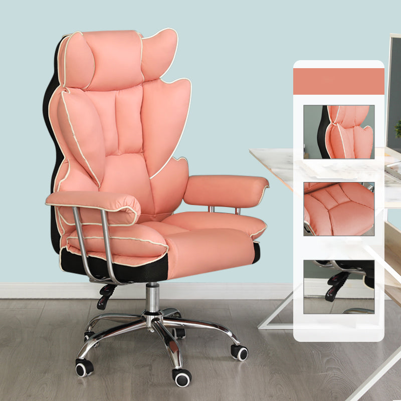 Silver Metal Modern Desk Chair with High Back and Leather Conference Chair Pink Without Footrest Clearhalo 'furn' 'furn_office_chair' 'Furniture' 'furniture_office_chair' 'Office Chairs' 'Office Furniture' 'office_chair' 5010331
