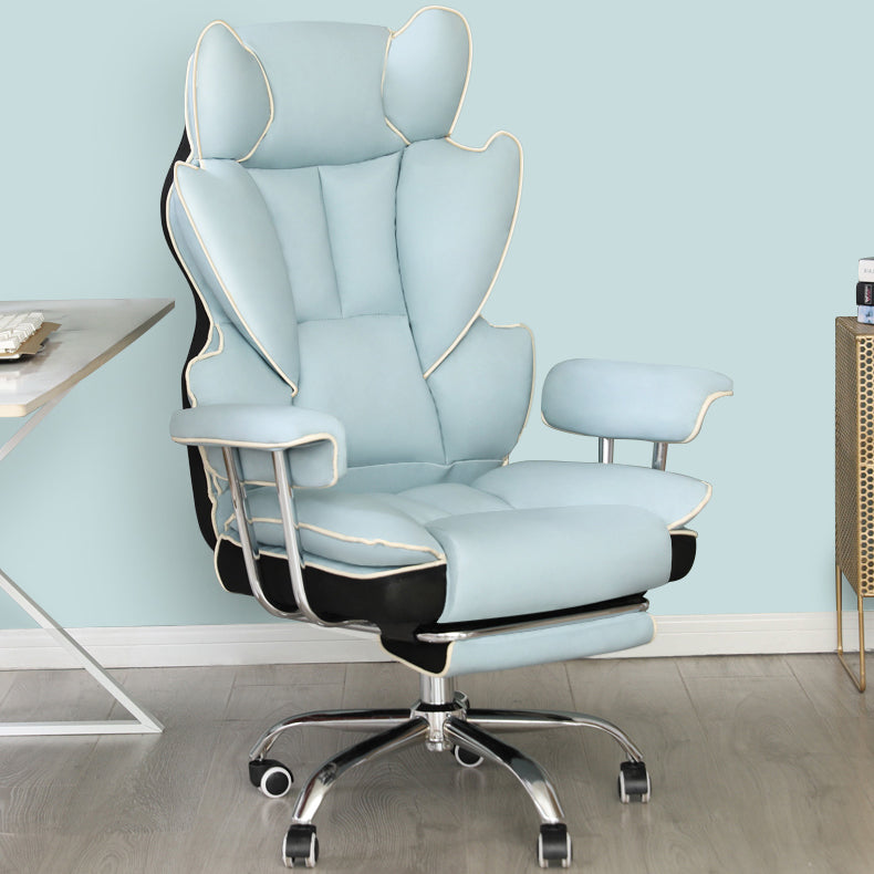 Silver Metal Modern Desk Chair with High Back Leather Conference Chair Blue With Footrest Clearhalo 'furn' 'furn_office_chair' 'Furniture' 'furniture_office_chair' 'Office Chairs' 'Office Furniture' 'office_chair' 5010341