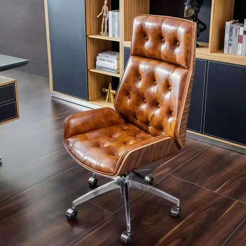 High Back Executive Chair with Metal Frame Contemporary Office Chair with Wheels Brown Clearhalo 'furn' 'furn_office_chair' 'Furniture' 'furniture_office_chair' 'Office Chairs' 'Office Furniture' 'office_chair' 5010899