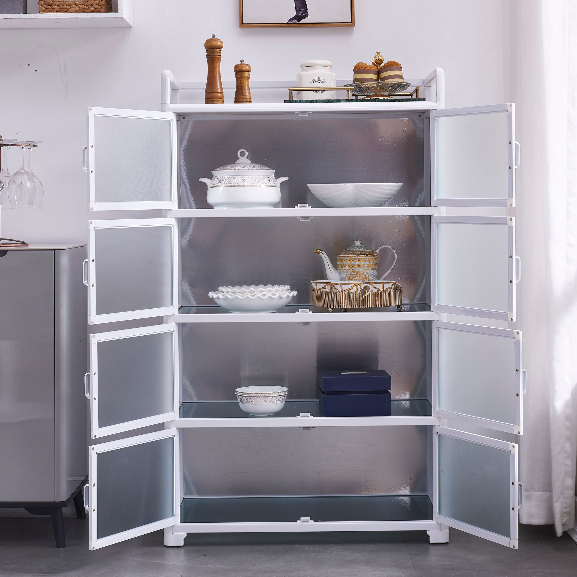 Contemporary Metal Dining Server White Kitchen Cabinets with Glass Doors Clearhalo 'buffet_sideboard' 'Buffets & Sideboards' 'furn' 'furn_buffet_sideboard' 'Furniture' 'furniture_buffet_sideboard' 'Kitchen & Dining Furniture' 5011947