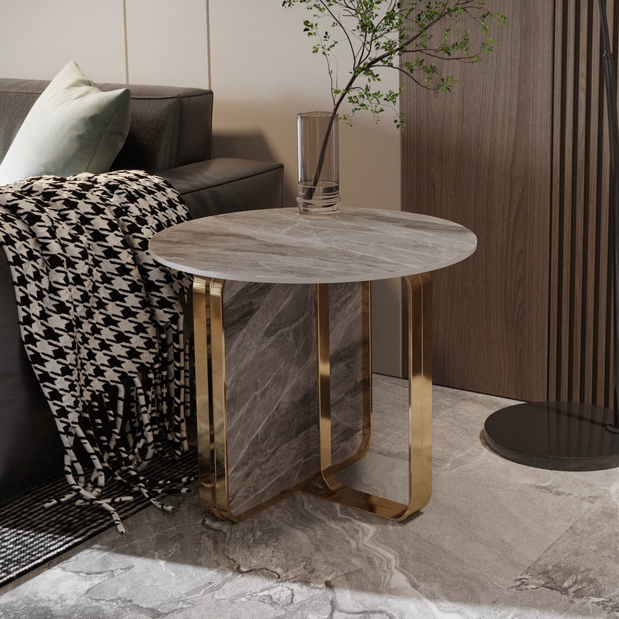 Contemporary Gold Metal Sofa Side Accent Table with Sintered Stone Top Grey Clearhalo 'Coffee & Accent Tables' 'End & Side Tables' 'end_side_table' 'end_side_tables' 'furn' 'furn_end_side_tables' 'Furniture' 'furniture_end_side_table' 'Living Room Furniture' 5012637