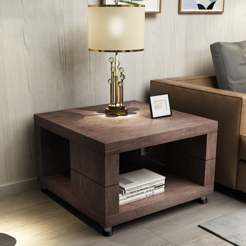 Modern Square 17.72" Tall Wood Side Table with 4 Legs and Double Tier Walnut Clearhalo 'Coffee & Accent Tables' 'End & Side Tables' 'end_side_table' 'end_side_tables' 'furn' 'furn_end_side_tables' 'Furniture' 'furniture_end_side_table' 'Living Room Furniture' 5013145
