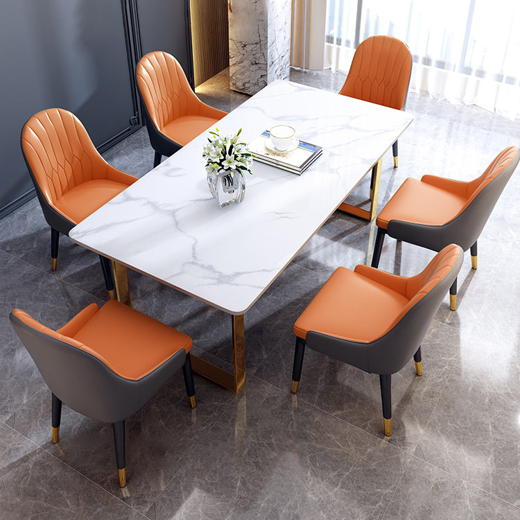 Modern Iron Dinette Set 1/2/5/7 Pieces White Rectangle Sintered Stone Top Dining Table Set 7 Pieces: Table, 6 Orange Chairs Clearhalo 'Dining Room Sets' 'Dining Tables & Seating' 'dining_room_set' 'furn' 'furn_dining_room_set' 'Furniture' 'furniture_dining_room_set' 'Kitchen & Dining Furniture' 5018892