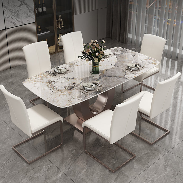 Luxury Sintered Stone Top Table Rectangle Indoor Table with Gold Metal Pedestal 55.1"L x 31.5"W x 29.5"H Without Chairs Clearhalo 'Dining Tables & Seating' 'Dining Tables' 'dining_table' 'furn' 'furn_dining_table' 'Furniture' 'furniture_dining_table' 'Kitchen & Dining Furniture' 'kitchen' 'kitchen_dining_table' 5018980