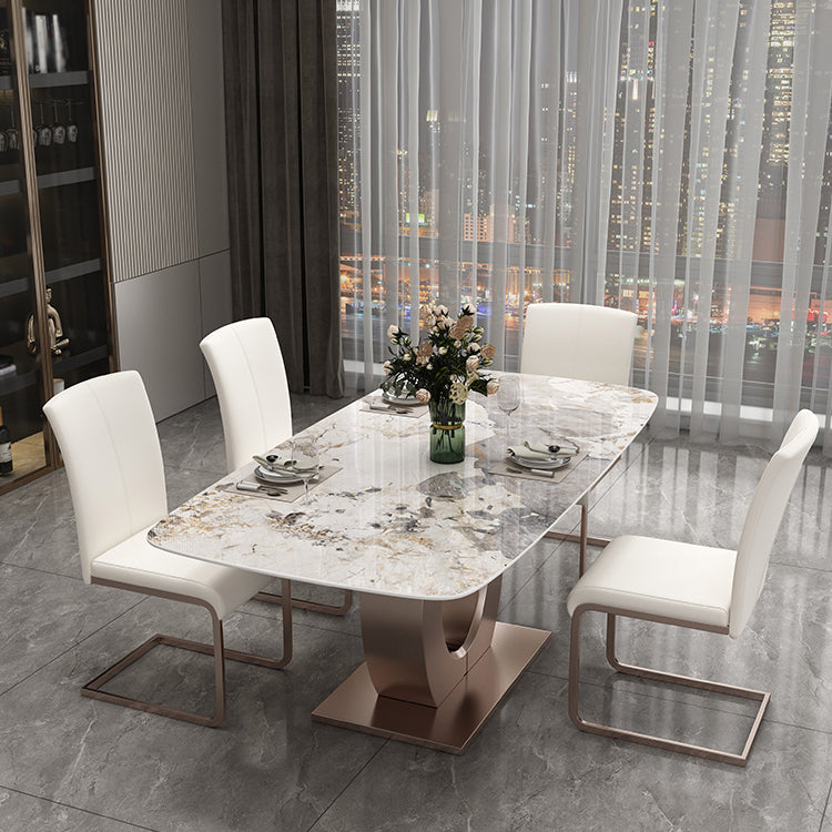 Luxury Sintered Stone Top Table Rectangle Indoor Table with Gold Metal Pedestal 70.9"L x 35.4"W x 29.5"H Without Chairs Clearhalo 'Dining Tables & Seating' 'Dining Tables' 'dining_table' 'furn' 'furn_dining_table' 'Furniture' 'furniture_dining_table' 'Kitchen & Dining Furniture' 'kitchen' 'kitchen_dining_table' 5018982