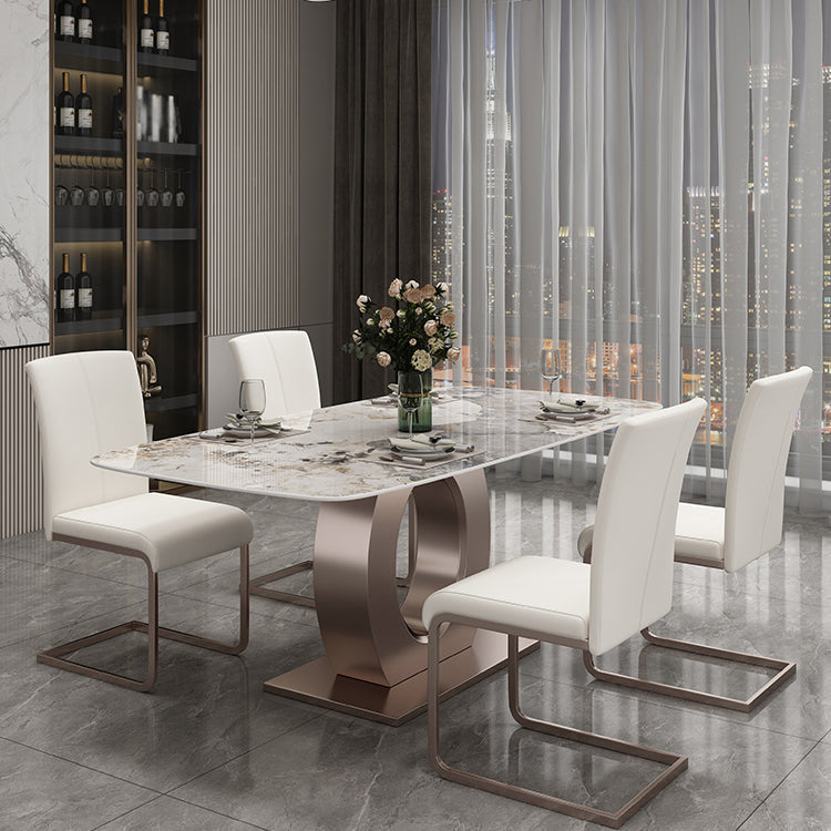 Luxury Sintered Stone Top Table Rectangle Indoor Table with Gold Metal Pedestal 51.2"L x 31.5"W x 29.5"H Without Chairs Clearhalo 'Dining Tables & Seating' 'Dining Tables' 'dining_table' 'furn' 'furn_dining_table' 'Furniture' 'furniture_dining_table' 'Kitchen & Dining Furniture' 'kitchen' 'kitchen_dining_table' 5018983