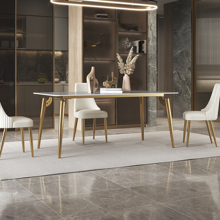 Traditional Luxury Dining Table White Sintered Stone 4 Legs Table with Gold Frame 70.9"L x 35.4"W x 29.5"H Without Chairs Clearhalo 'Dining Tables & Seating' 'Dining Tables' 'dining_table' 'furn' 'furn_dining_table' 'Furniture' 'furniture_dining_table' 'Kitchen & Dining Furniture' 'kitchen' 'kitchen_dining_table' 5019016