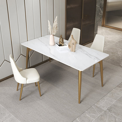 Traditional Luxury Dining Table White Sintered Stone 4 Legs Table with Gold Frame 51.2"L x 31.5"W x 29.5"H Without Chairs Clearhalo 'Dining Tables & Seating' 'Dining Tables' 'dining_table' 'furn' 'furn_dining_table' 'Furniture' 'furniture_dining_table' 'Kitchen & Dining Furniture' 'kitchen' 'kitchen_dining_table' 5019017