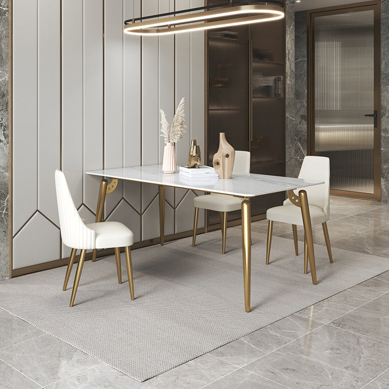 Traditional Luxury Dining Table White Sintered Stone 4 Legs Table with Gold Frame Clearhalo 'Dining Tables & Seating' 'Dining Tables' 'dining_table' 'furn' 'furn_dining_table' 'Furniture' 'furniture_dining_table' 'Kitchen & Dining Furniture' 'kitchen' 'kitchen_dining_table' 5019028