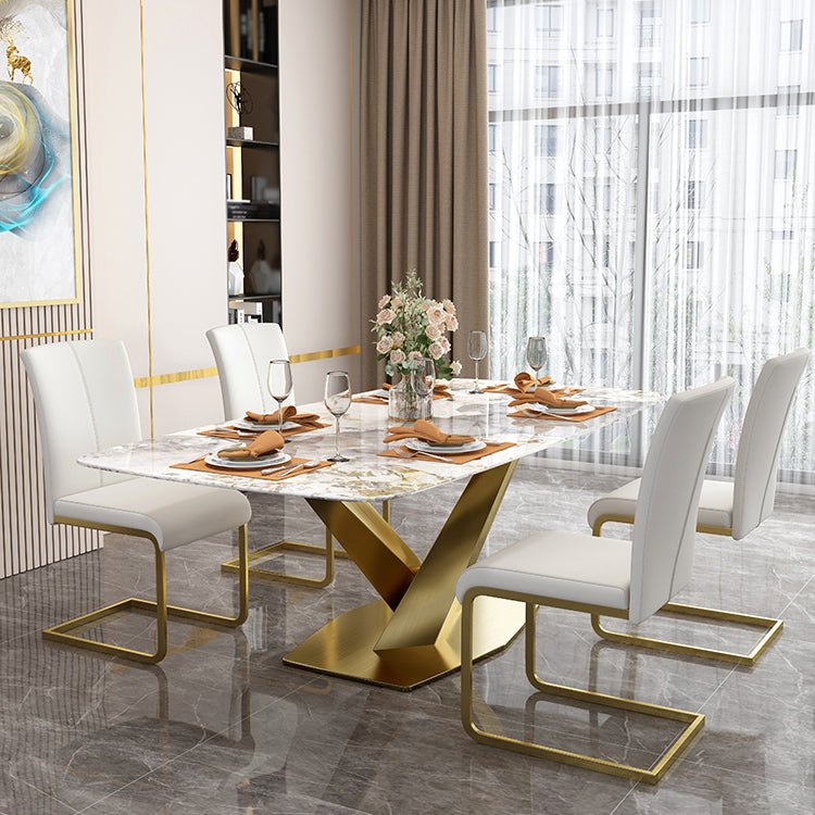 Sintered Stone Top Table for Restaurant Luxury Rectangle Table with Gold Metal Pedestal 51.2"L x 31.5"W x 29.5"H Without Chairs Clearhalo 'Dining Tables & Seating' 'Dining Tables' 'dining_table' 'furn' 'furn_dining_table' 'Furniture' 'furniture_dining_table' 'Kitchen & Dining Furniture' 'kitchen' 'kitchen_dining_table' 5019076