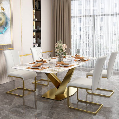 Sintered Stone Top Table for Restaurant Luxury Rectangle Table with Gold Metal Pedestal 51.2"L x 31.5"W x 29.5"H Without Chairs Clearhalo 'Dining Tables & Seating' 'Dining Tables' 'dining_table' 'furn' 'furn_dining_table' 'Furniture' 'furniture_dining_table' 'Kitchen & Dining Furniture' 'kitchen' 'kitchen_dining_table' 5019076