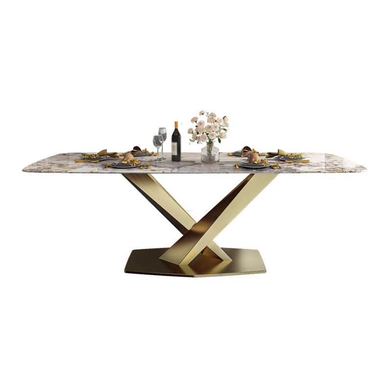 Sintered Stone Top Table for Restaurant Luxury Rectangle Table with Gold Metal Pedestal Clearhalo 'Dining Tables & Seating' 'Dining Tables' 'dining_table' 'furn' 'furn_dining_table' 'Furniture' 'furniture_dining_table' 'Kitchen & Dining Furniture' 'kitchen' 'kitchen_dining_table' 5019077