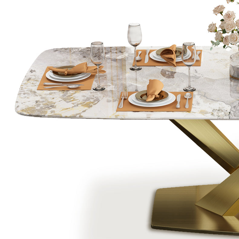 Sintered Stone Top Table for Restaurant Luxury Rectangle Table with Gold Metal Pedestal Clearhalo 'Dining Tables & Seating' 'Dining Tables' 'dining_table' 'furn' 'furn_dining_table' 'Furniture' 'furniture_dining_table' 'Kitchen & Dining Furniture' 'kitchen' 'kitchen_dining_table' 5019078
