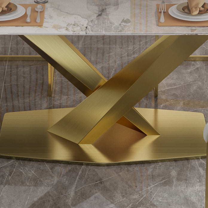 Sintered Stone Top Table for Restaurant Luxury Rectangle Table with Gold Metal Pedestal Clearhalo 'Dining Tables & Seating' 'Dining Tables' 'dining_table' 'furn' 'furn_dining_table' 'Furniture' 'furniture_dining_table' 'Kitchen & Dining Furniture' 'kitchen' 'kitchen_dining_table' 5019081