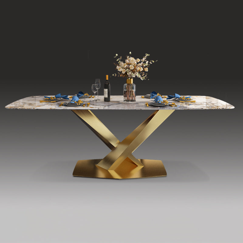 Sintered Stone Top Table for Restaurant Luxury Rectangle Table with Gold Metal Pedestal Clearhalo 'Dining Tables & Seating' 'Dining Tables' 'dining_table' 'furn' 'furn_dining_table' 'Furniture' 'furniture_dining_table' 'Kitchen & Dining Furniture' 'kitchen' 'kitchen_dining_table' 5019082