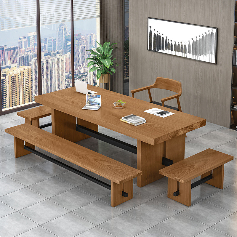 Modern Pine Wood Table in Brown for Restaurant Rectangle Table with Trestle Base 78.7"L x 39.4"W x 29.5"H Without Chairs Clearhalo 'Dining Tables & Seating' 'Dining Tables' 'dining_table' 'furn' 'furn_dining_table' 'Furniture' 'furniture_dining_table' 'Kitchen & Dining Furniture' 'kitchen' 'kitchen_dining_table' 5019156