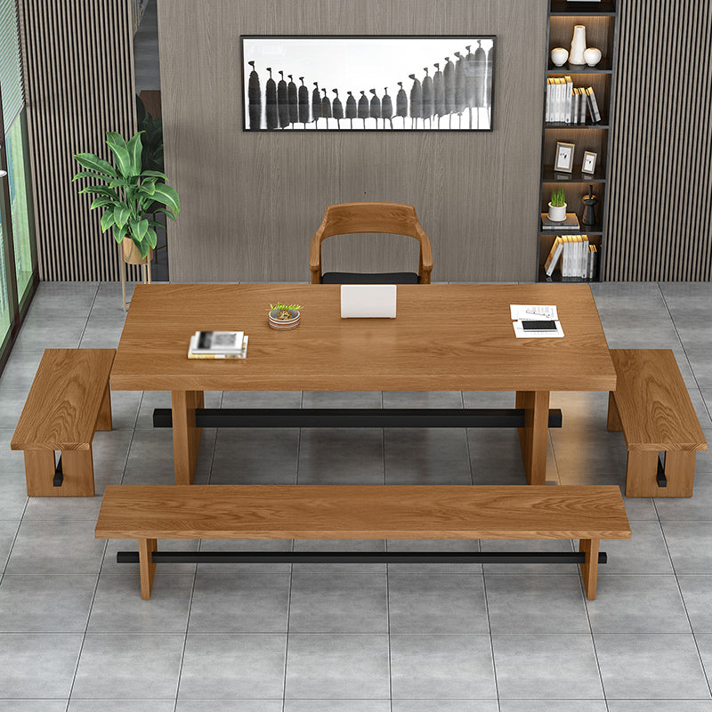Modern Pine Wood Table in Brown for Restaurant Rectangle Table with Trestle Base 63"L x 31.5"W x 29.5"H Without Chairs Clearhalo 'Dining Tables & Seating' 'Dining Tables' 'dining_table' 'furn' 'furn_dining_table' 'Furniture' 'furniture_dining_table' 'Kitchen & Dining Furniture' 'kitchen' 'kitchen_dining_table' 5019157