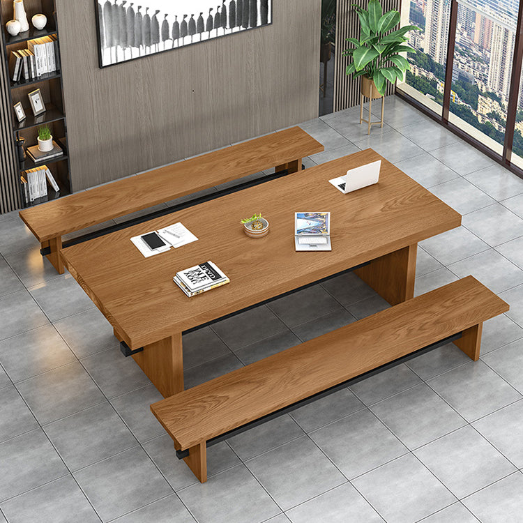 Modern Pine Wood Table in Brown for Restaurant Rectangle Table with Trestle Base 59.1"L x 31.5"W x 29.5"H Without Chairs Clearhalo 'Dining Tables & Seating' 'Dining Tables' 'dining_table' 'furn' 'furn_dining_table' 'Furniture' 'furniture_dining_table' 'Kitchen & Dining Furniture' 'kitchen' 'kitchen_dining_table' 5019158