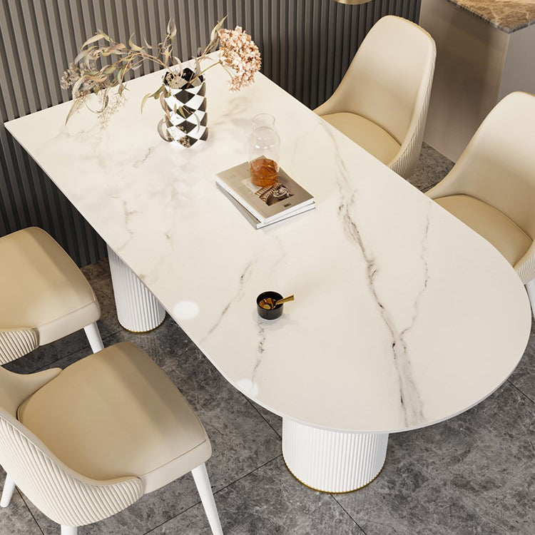Traditional Luxury Dining Table Stone and Metal White Base Double Pedestal Table White Without Chairs Clearhalo 'Dining Tables & Seating' 'Dining Tables' 'dining_table' 'furn' 'furn_dining_table' 'Furniture' 'furniture_dining_table' 'Kitchen & Dining Furniture' 'kitchen' 'kitchen_dining_table' 5019213