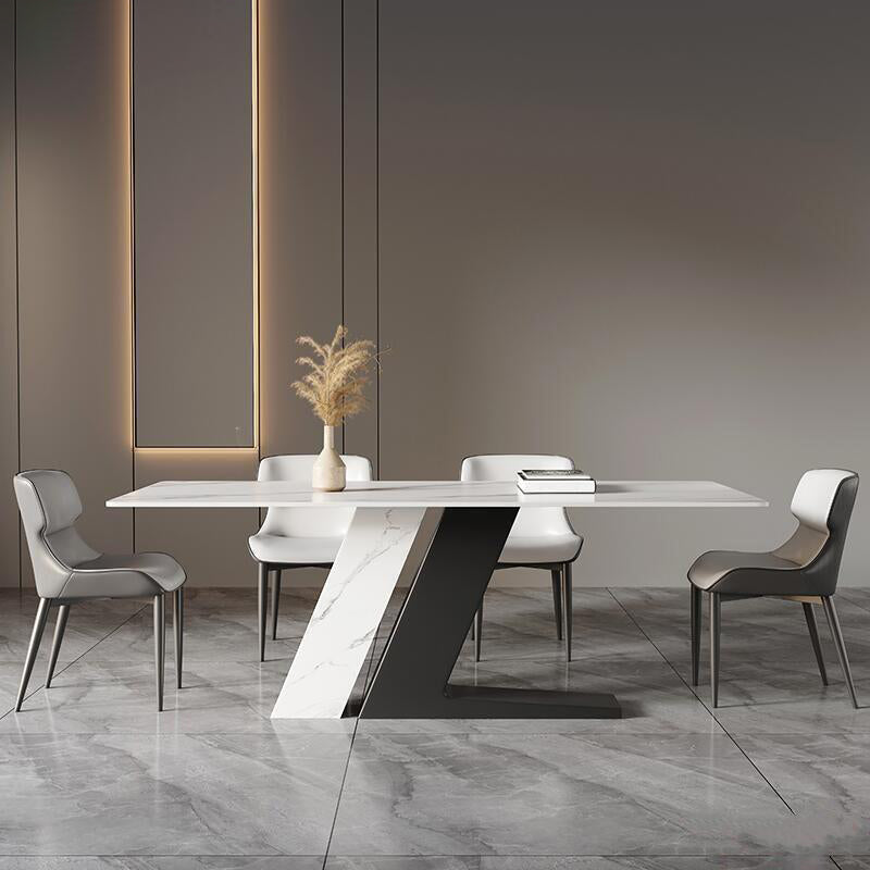 Sintered Stone Top Luxury White Table Rectangle Dining Table with Double Pedestal Black 55.1"L x 31.5"W x 29.5"H Without Chairs Clearhalo 'Dining Tables & Seating' 'Dining Tables' 'dining_table' 'furn' 'furn_dining_table' 'Furniture' 'furniture_dining_table' 'Kitchen & Dining Furniture' 'kitchen' 'kitchen_dining_table' 5019236