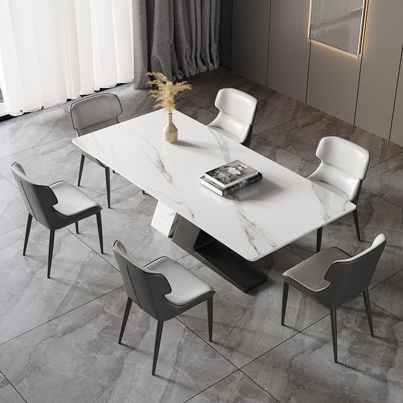 Sintered Stone Top Luxury White Table Rectangle Dining Table with Double Pedestal Black 70.9"L x 35.4"W x 29.5"H Without Chairs Clearhalo 'Dining Tables & Seating' 'Dining Tables' 'dining_table' 'furn' 'furn_dining_table' 'Furniture' 'furniture_dining_table' 'Kitchen & Dining Furniture' 'kitchen' 'kitchen_dining_table' 5019237