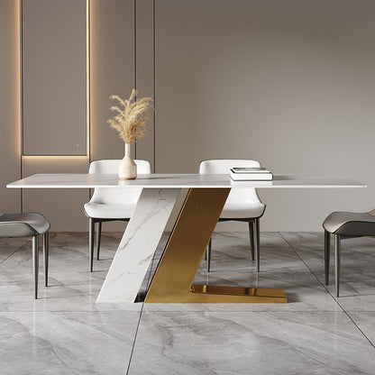 Sintered Stone Top Luxury White Table Rectangle Dining Table with Double Pedestal Gold Without Chairs Clearhalo 'Dining Tables & Seating' 'Dining Tables' 'dining_table' 'furn' 'furn_dining_table' 'Furniture' 'furniture_dining_table' 'Kitchen & Dining Furniture' 'kitchen' 'kitchen_dining_table' 5019239