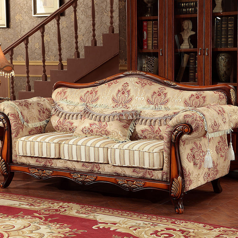 Modern Cotton Blend Rolled Arm Curved Sofa with Camel Back for Apartment 83"L x 33"W x 41"H Beige-Red Clearhalo 'furn' 'furn_sofas' 'Furniture' 'furniture_sofas' 'Living Room Furniture' 'Sofa' 'sofas' 5021409