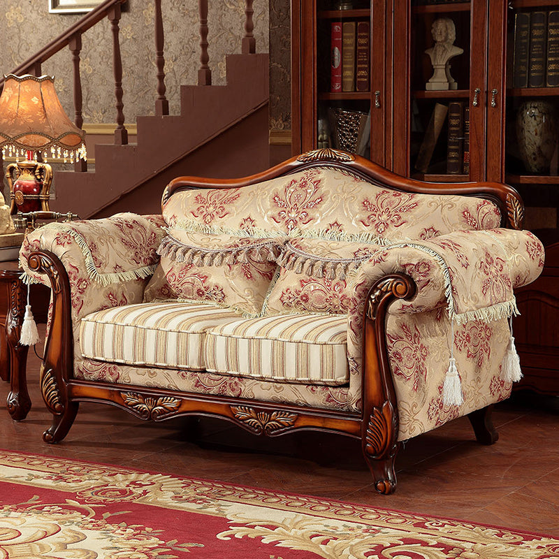 Modern Cotton Blend Rolled Arm Curved Sofa with Camel Back for Apartment 63"L x 31"W x 49"H Beige-Red Clearhalo 'furn' 'furn_sofas' 'Furniture' 'furniture_sofas' 'Living Room Furniture' 'Sofa' 'sofas' 5021410