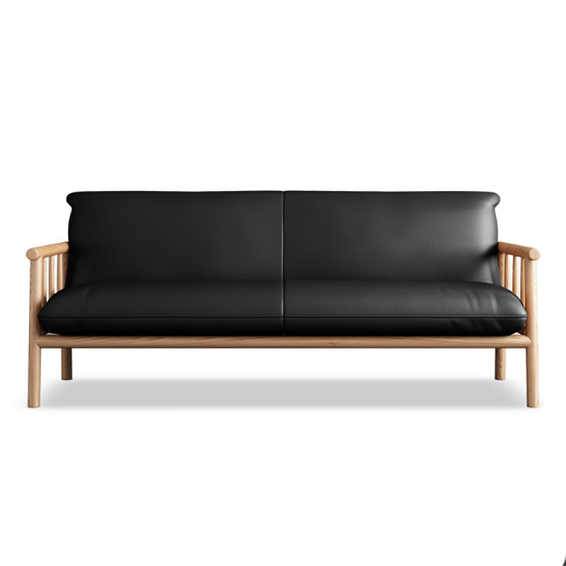 Faux Leather Modern Sofa Round Arm 28.7 "W Sofa with Bolster Pillows 65''L x29"W x 30"H Black Natural Wood Clearhalo 'furn' 'furn_sofas' 'Furniture' 'furniture_sofas' 'Living Room Furniture' 'Sofa' 'sofas' 5021481