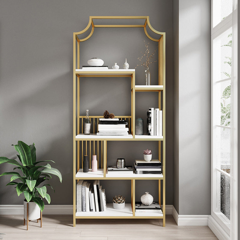 Gold Iron Frame Geometric Bookshelf Vertical Open Bookcase with Manufactured Wood Shelf Clearhalo 'Bookcases' 'furn' 'furn_bookcases' 'Furniture' 'furniture_bookcases' 'Office Furniture' 5021765