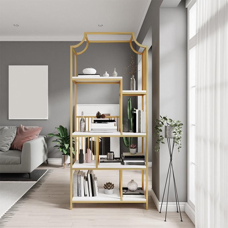 Gold Iron Frame Geometric Bookshelf Vertical Open Bookcase with Manufactured Wood Shelf Clearhalo 'Bookcases' 'furn' 'furn_bookcases' 'Furniture' 'furniture_bookcases' 'Office Furniture' 5021772