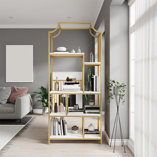 Gold Iron Frame Geometric Bookshelf Vertical Open Bookcase with Manufactured Wood Shelf Clearhalo 'Bookcases' 'furn' 'furn_bookcases' 'Furniture' 'furniture_bookcases' 'Office Furniture' 5021772